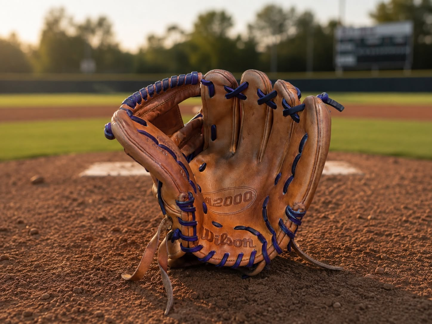 Finished Wilson baseball glove on the infield prepared by Pocket Smith